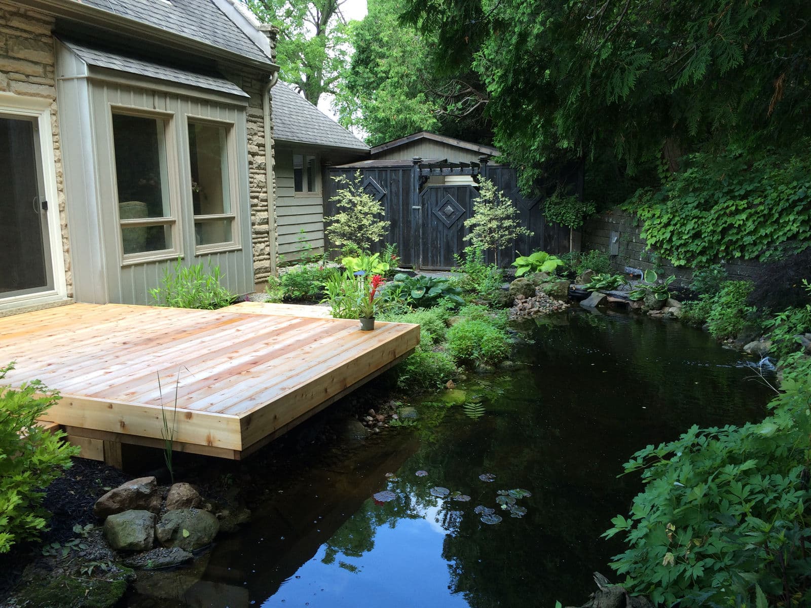 Cantilevered deck over Koi Pond